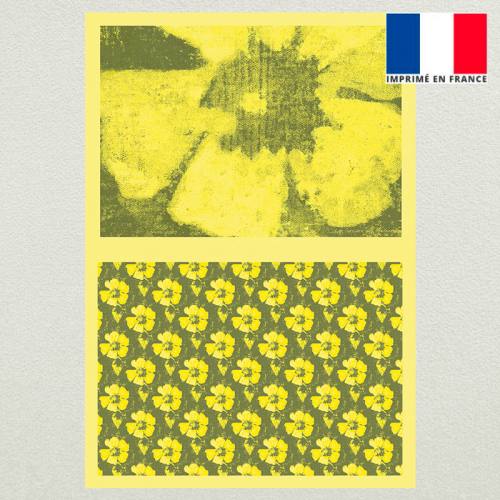 Kit pochette velours ras vert imprimé fleur de tiaré jaune et fermeture offerte - Artiste Marie-Eva