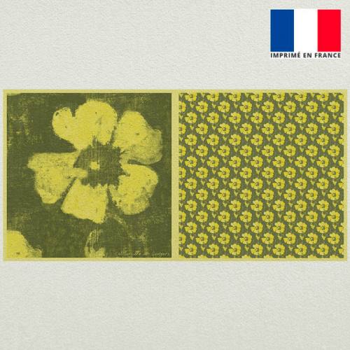 Coupon velours ras vert imprimé fleur de tiaré jaune et fermeture offerte - Artiste Marie-Eva