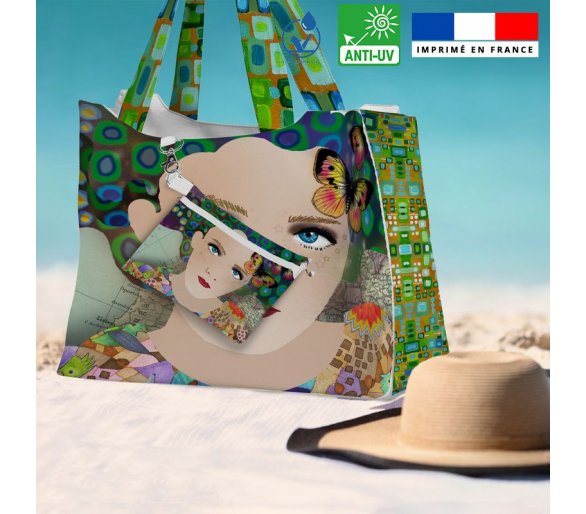 Kit sac de plage imperméable motif diva et papillons - Queen size - Création Lita Blanc