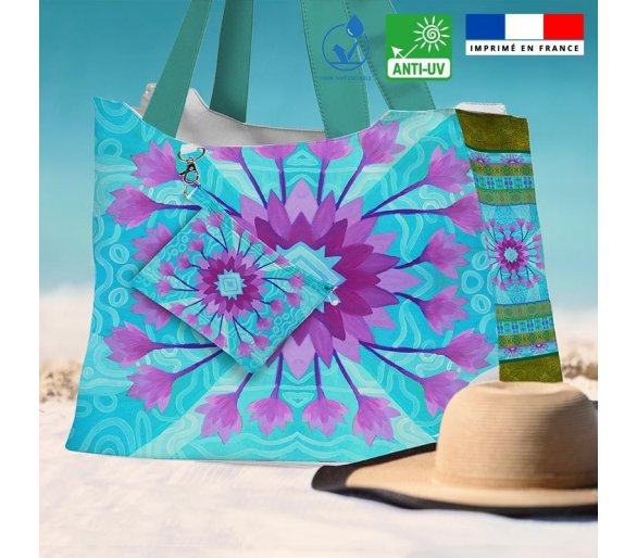 Kit sac de plage imperméable imprimé fleur ethnique mauve - Queen size - Artiste Lita Blanc