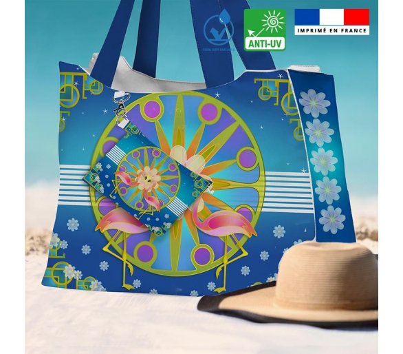 Kit sac de plage imperméable bleu imprimé duo de flamants roses - King size - Artiste Lita Blanc.
