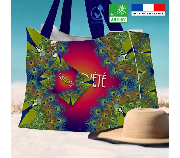 Kit sac de plage imperméable imprimé paon rêve d'été - Queen size - Artiste Lita Blanc