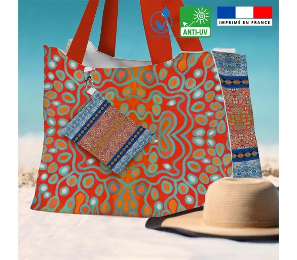 Kit sac de plage imperméable imprimé rayures abstraites bleues et rouges - King size - Artiste Lita Blanc