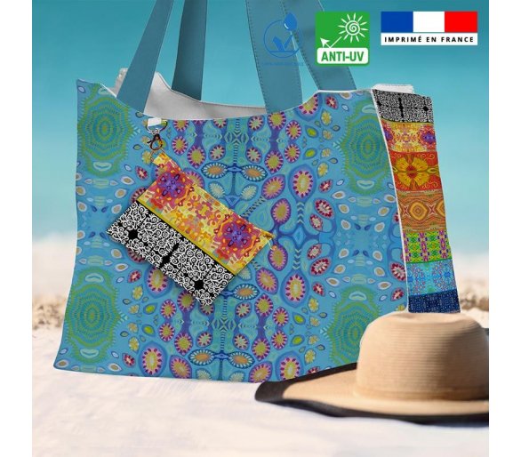Kit sac de plage imperméable imprimé bandes colorées - Queen size - Artiste Lita Blanc