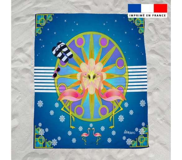 Coupon éponge pour serviette de plage double imprimé duo de flamants roses - Artiste Lita Blanc