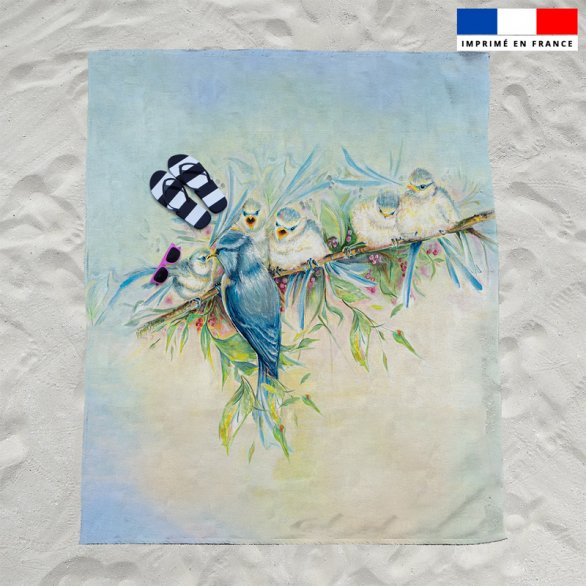 Coupon éponge pour serviette de plage double imprimé mésanges - Artiste Véronique Baccino